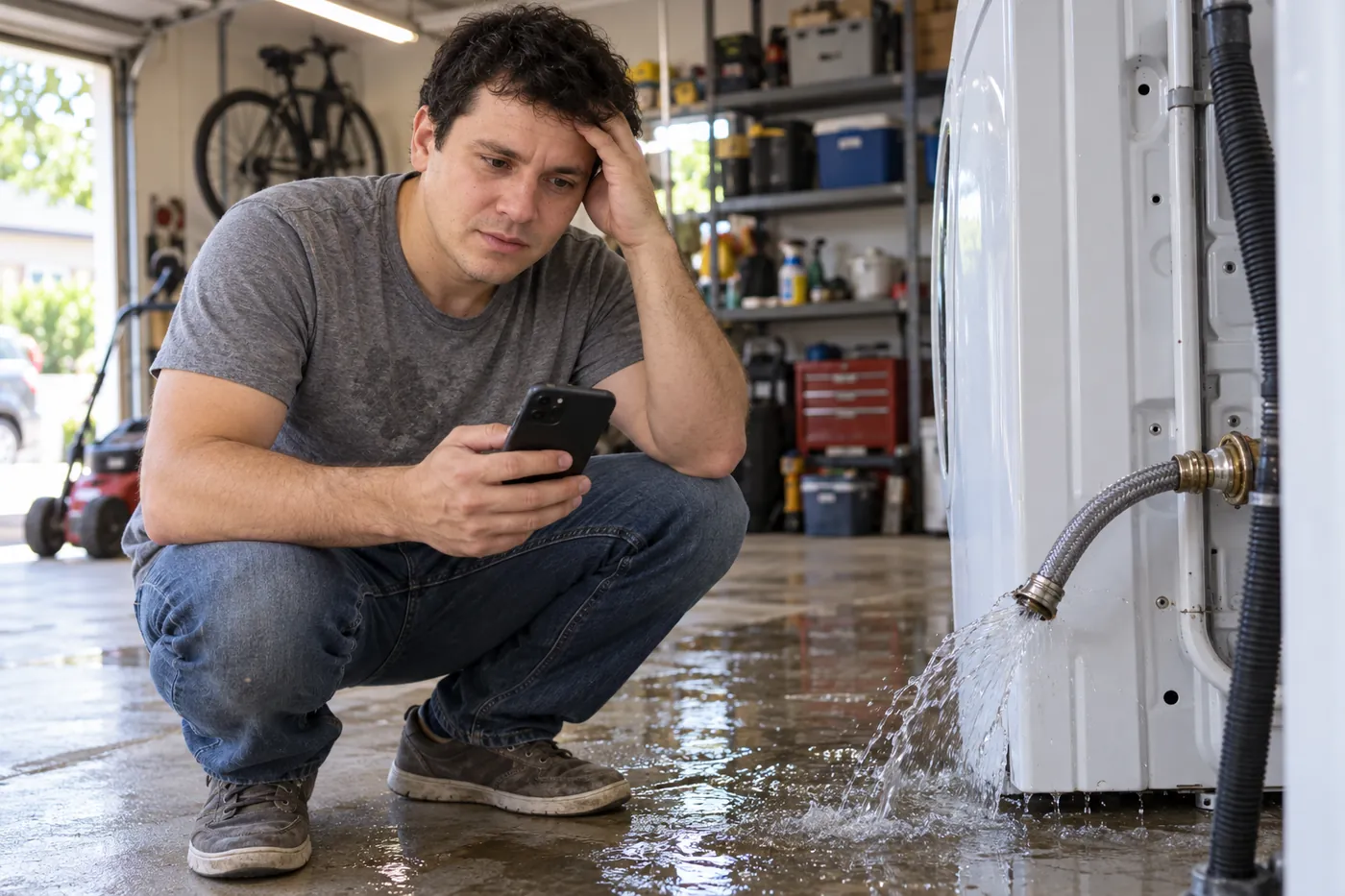 Homeowner crouching on a wet garage floor beside a washing machine as water sprays from a loose braided supply hose