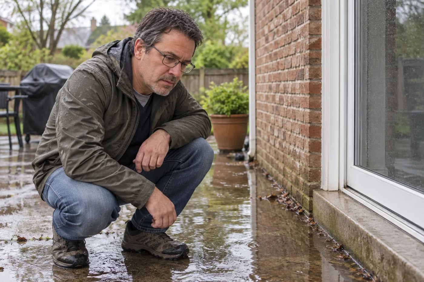 Homeowner crouching on a flooded back patio to check where rainwater is pooling against the brick wall and sliding door