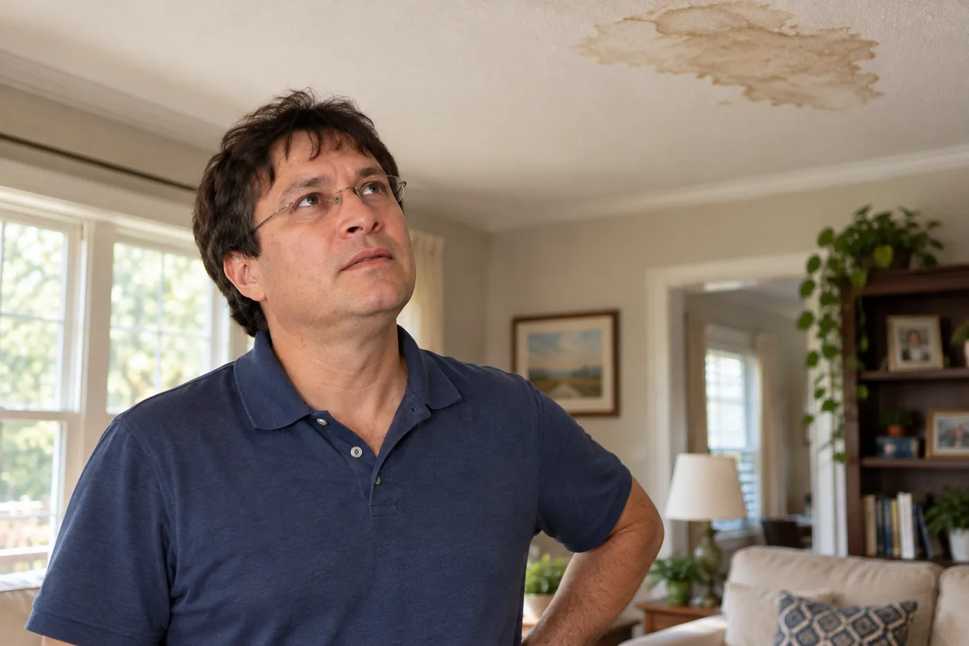 Homeowner looking up at a brown water stain on his living room ceiling