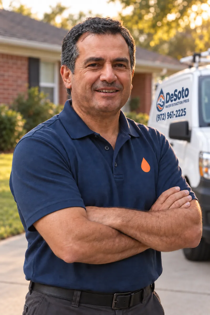 Smiling man in a navy polo standing with arms crossed in front of a brick home and a service van