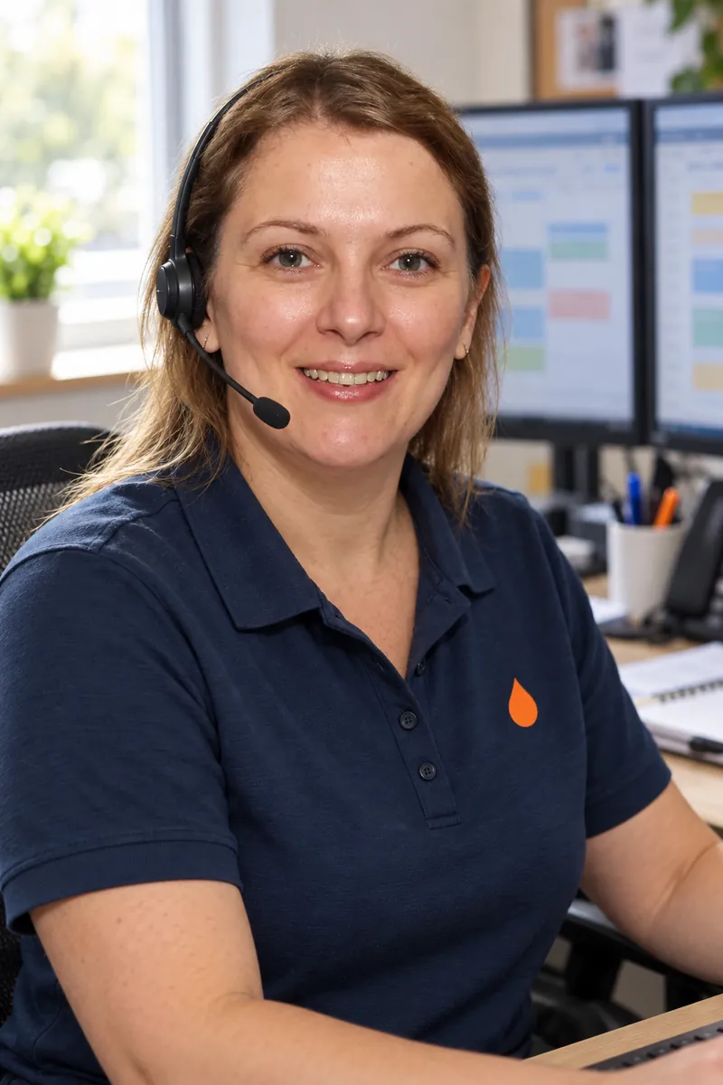 Woman wearing a phone headset at a desk with computer monitors, in a navy polo