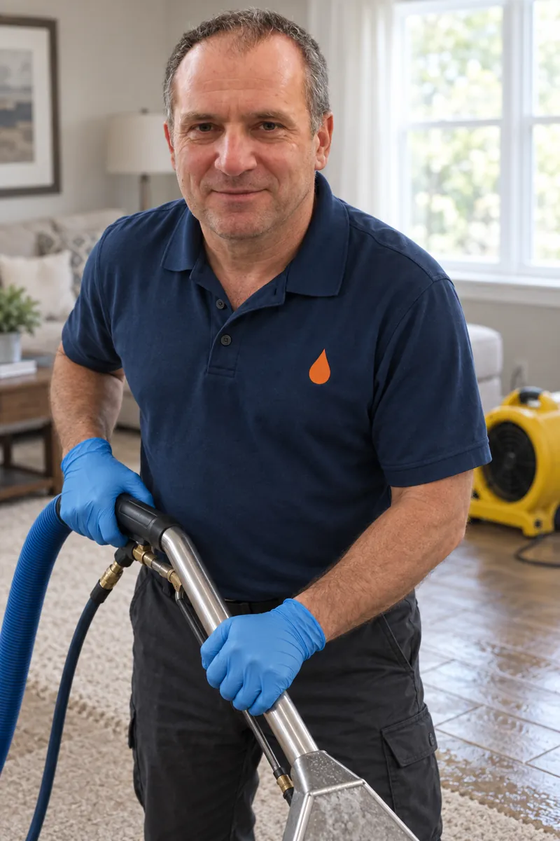 Man in blue nitrile gloves holding a carpet extraction wand and hose inside a home