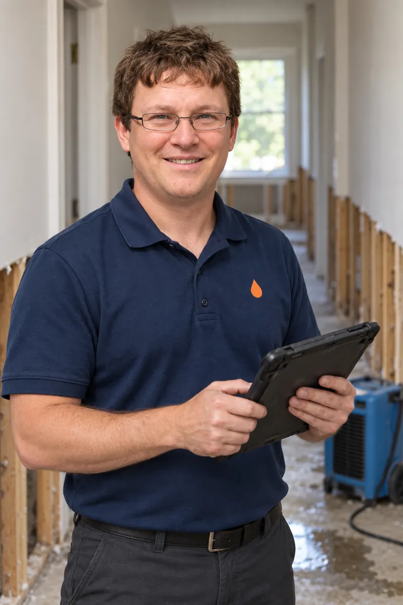 Man in glasses holding a tablet in a room with baseboards removed and drying equipment running