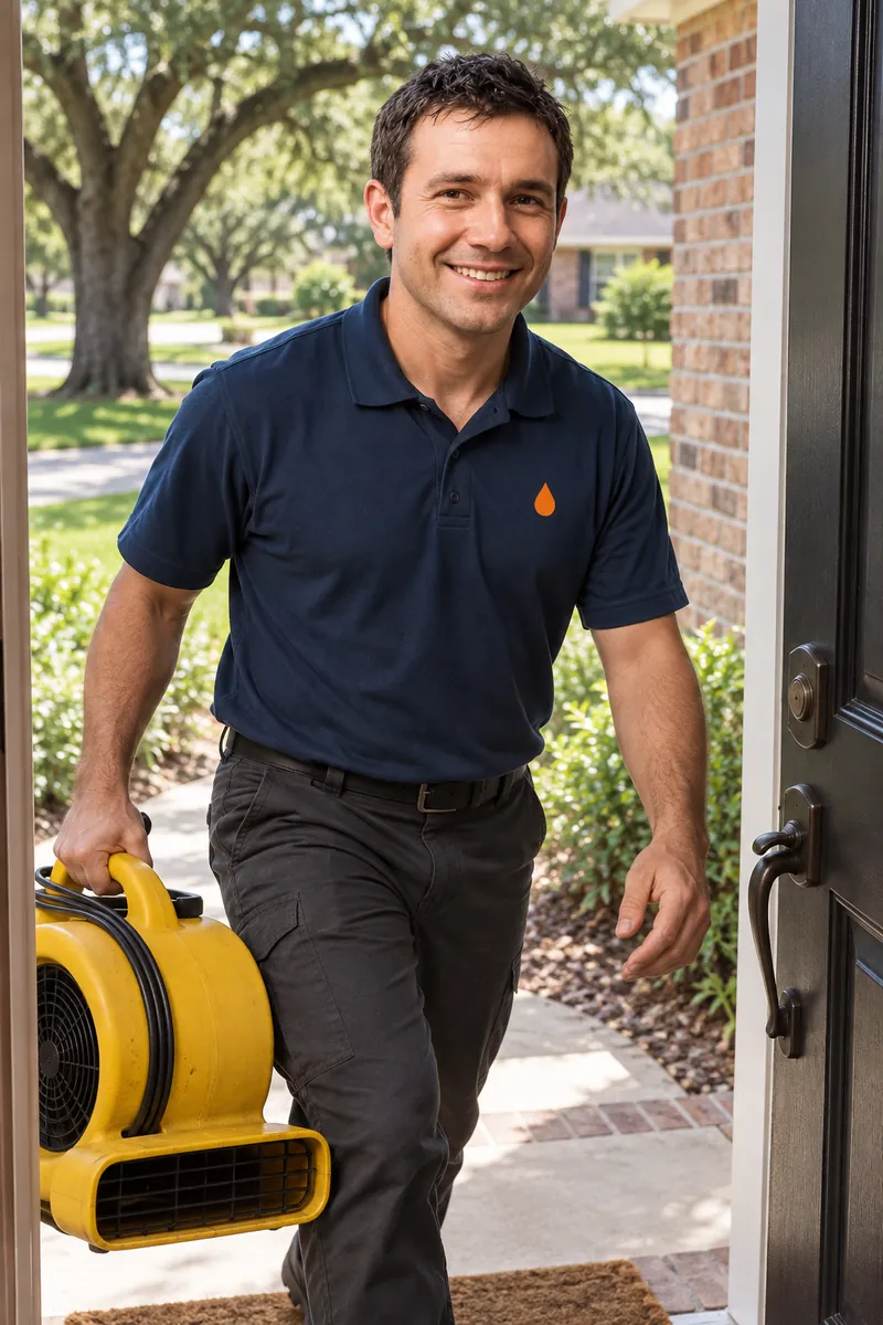 Man carrying a yellow air mover through a front door into a home