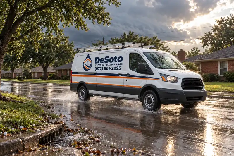 Water extraction van driving down a wet DeSoto street after a spring storm, with hail and leaves piled at the curb drain