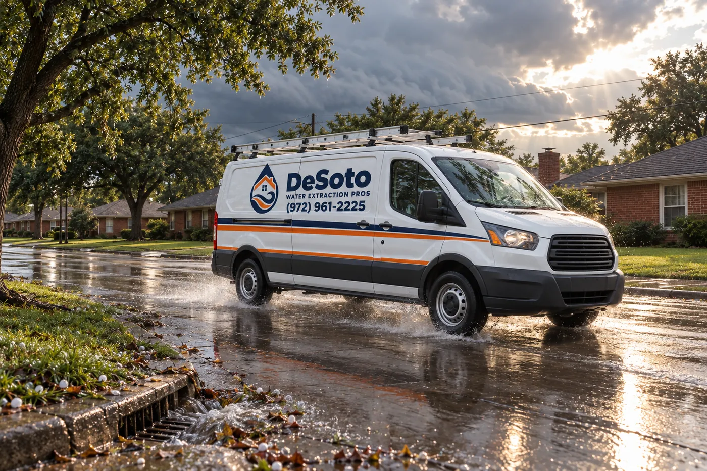 Water extraction van on a wet DeSoto street after a spring thunderstorm