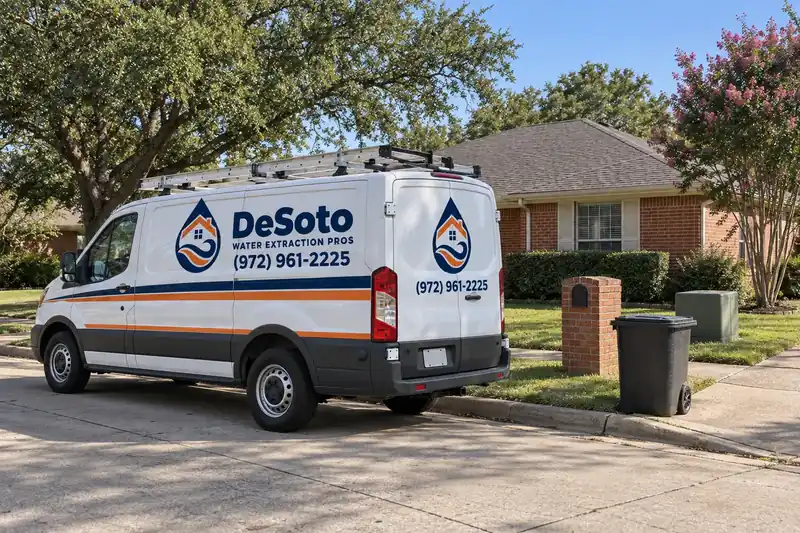 White water extraction service van parked at the curb in front of a red-brick home with a brick mailbox and crape myrtle