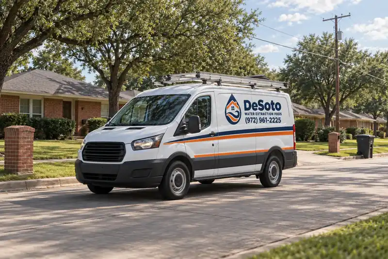 White water extraction service van driving down a residential street lined with brick homes and mature trees