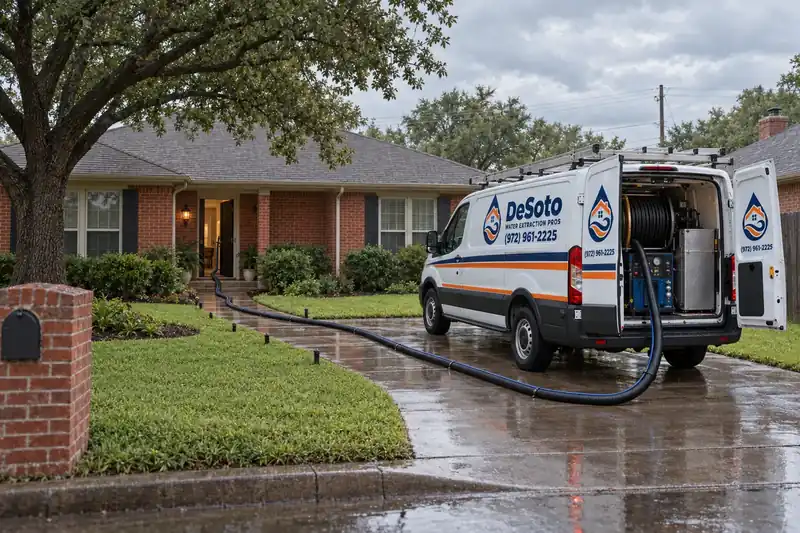 Branded water extraction van with rear doors open and a black vacuum hose running from the truckmount up a wet driveway into the front door of a brick ranch home