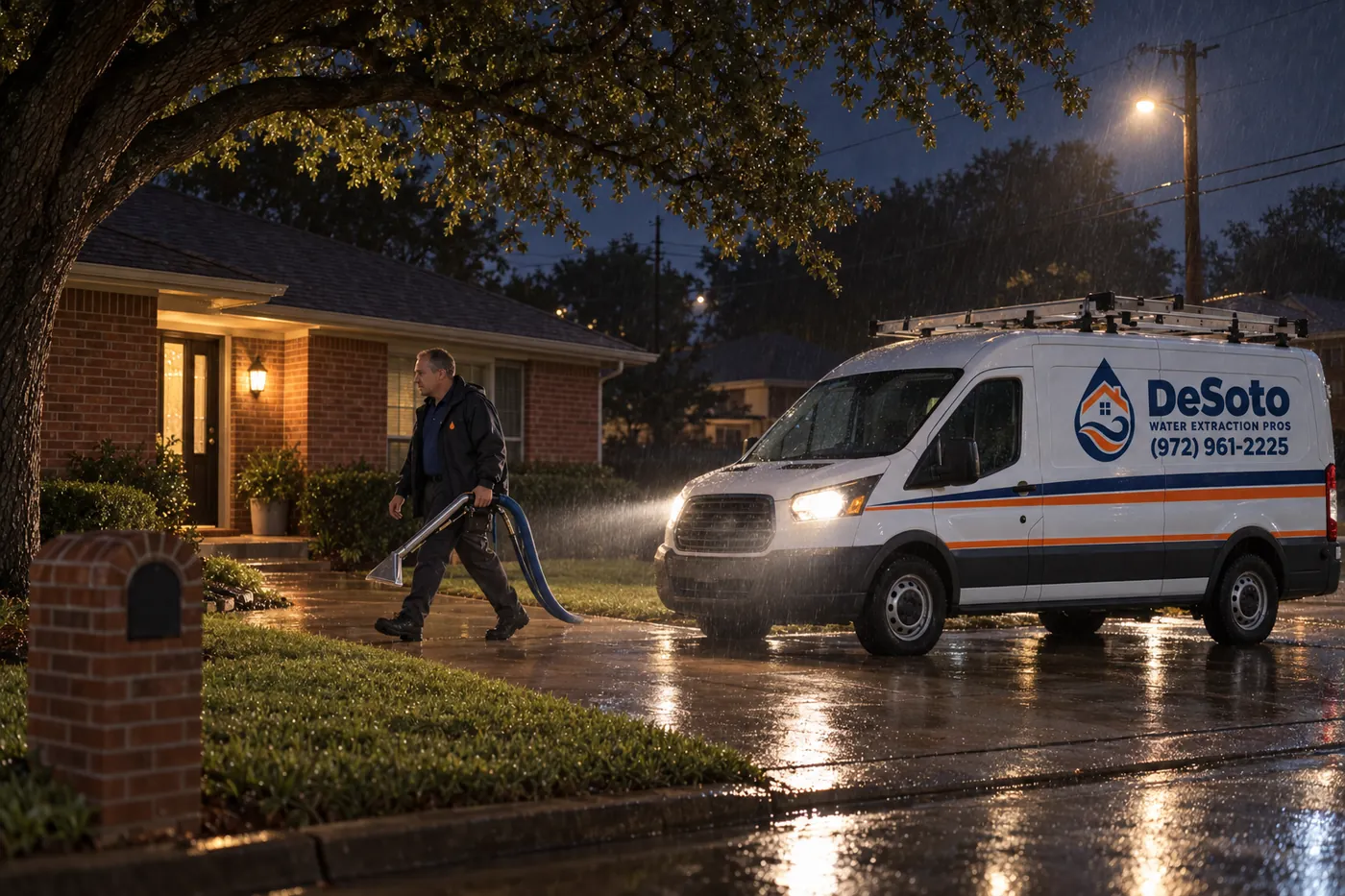 Technician carrying an extraction wand and hose up a rain-soaked driveway at night toward a brick home, with a branded service van parked at the curb