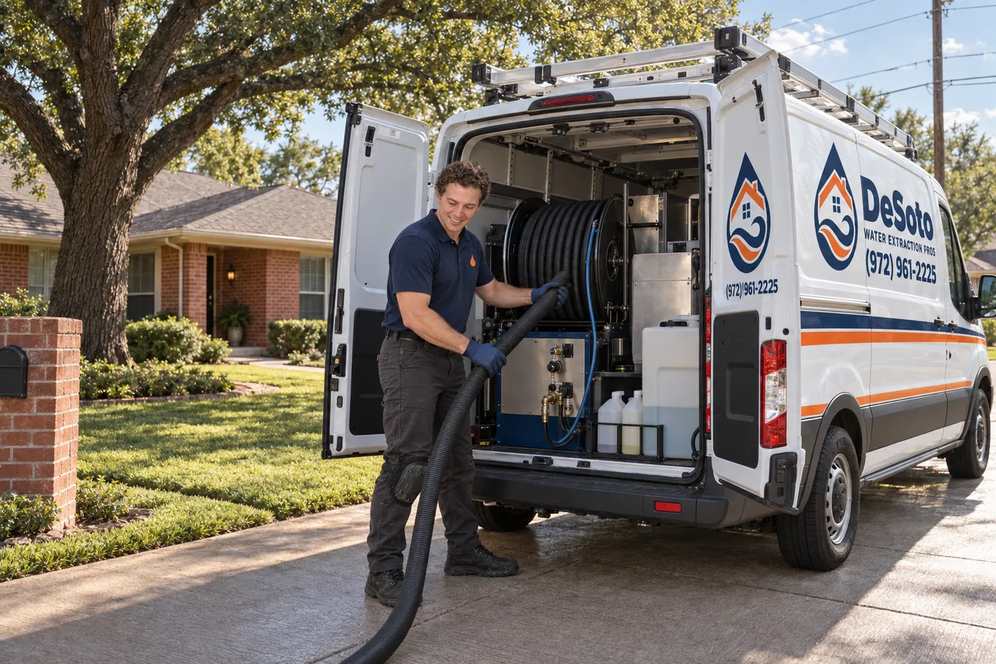 Technician pulling an extraction hose from the truck-mounted unit in the back of a service van in a DeSoto driveway