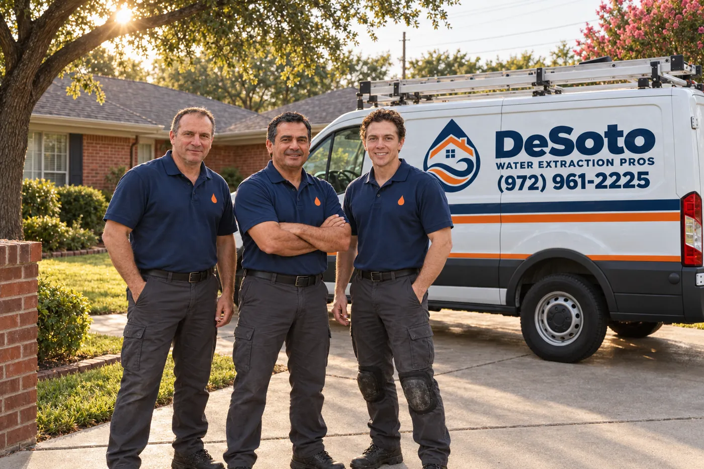 Three water damage technicians in navy polos standing beside a branded service van in a DeSoto driveway