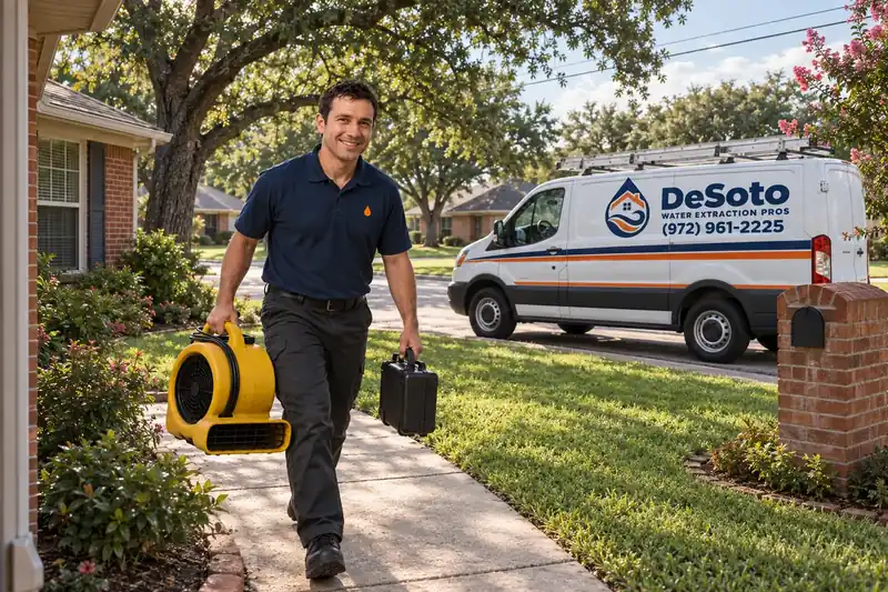 Water damage technician carrying an air mover and an equipment case up the front walk of a brick home, with a branded service van parked at the curb