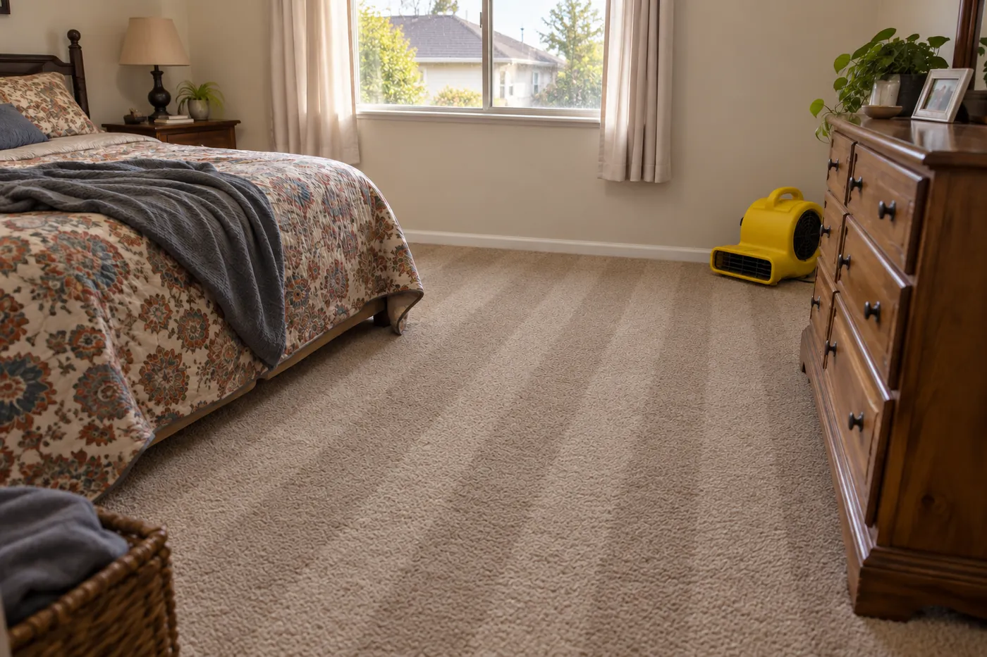 Bedroom carpet with fresh extraction lines after the water was removed, with a yellow air mover drying the floor beside a wooden dresser