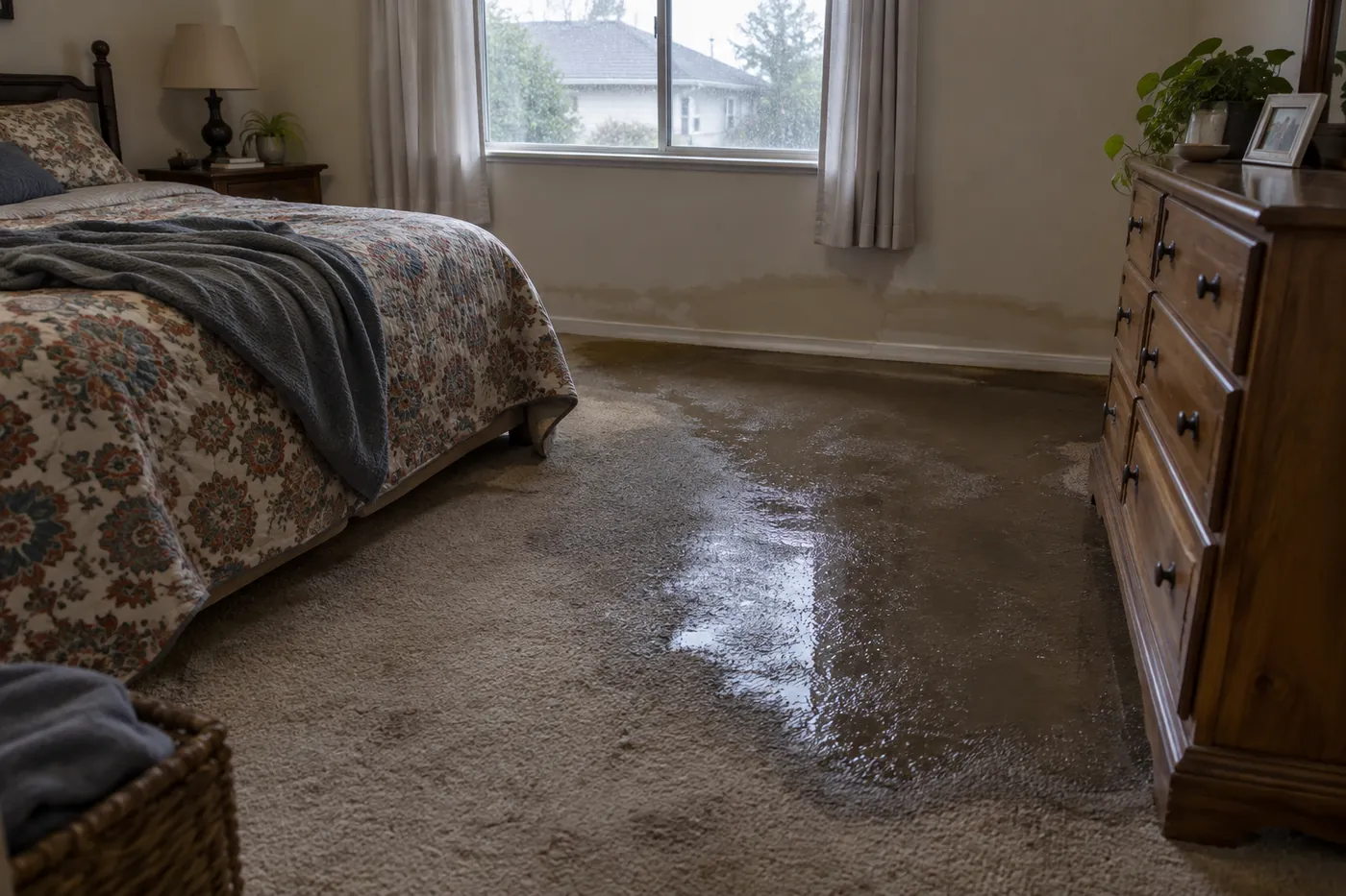 DeSoto bedroom with soaked beige carpet and a water line on the lower wall after a pipe leak