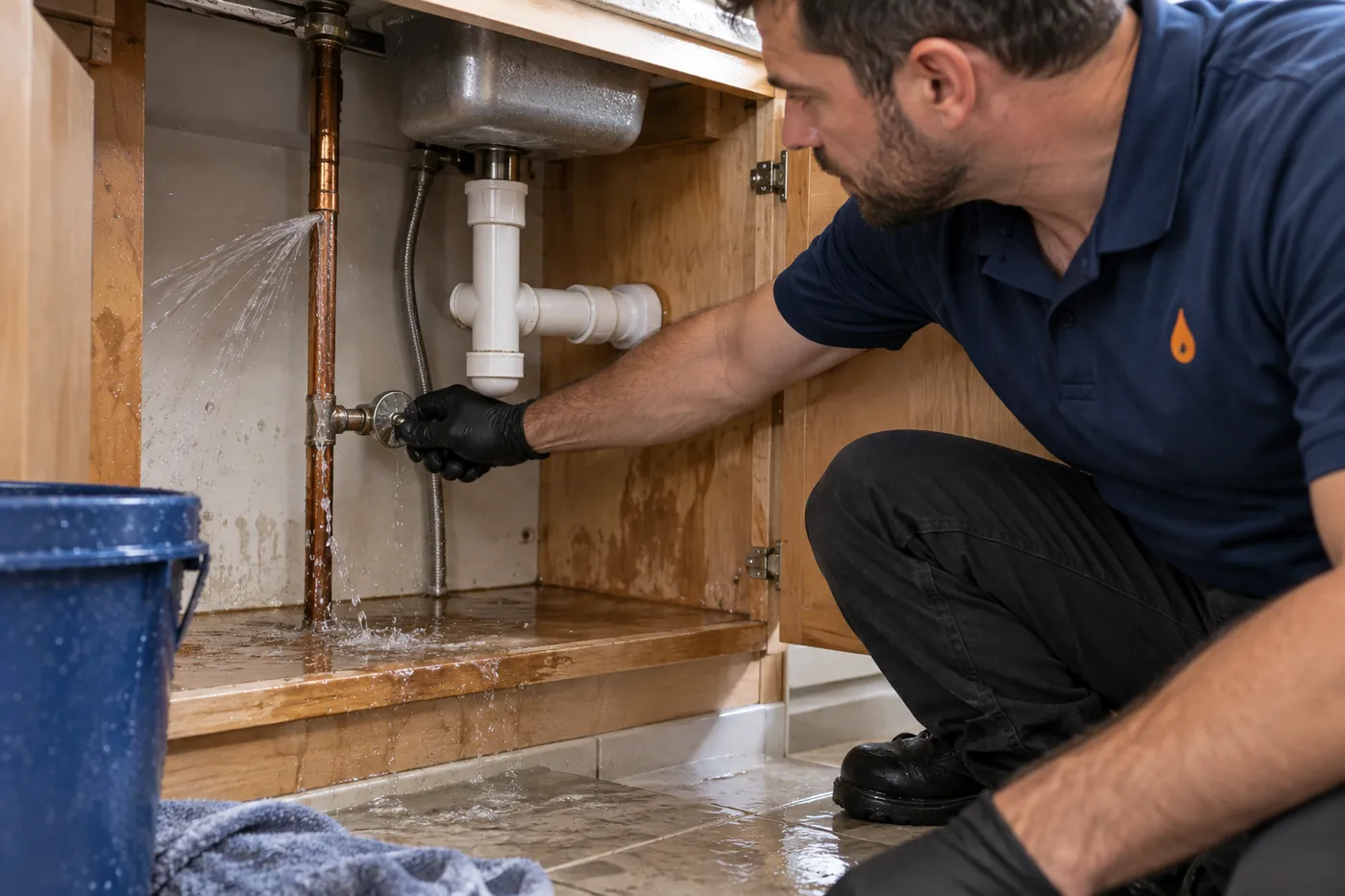 Gloved hand closing the shut-off valve under a kitchen sink as water sprays from a split copper pipe