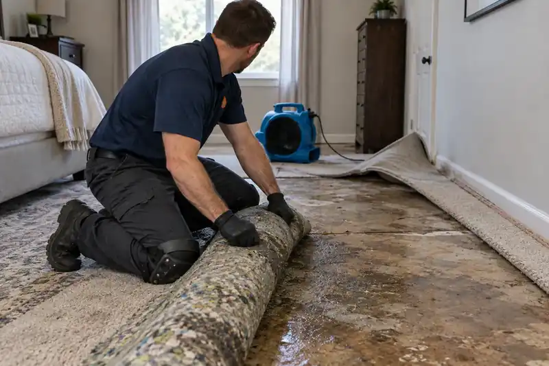 Technician rolling up soaked carpet pad in a bedroom, with the carpet pulled back from the wall and an air mover running on the wet concrete slab