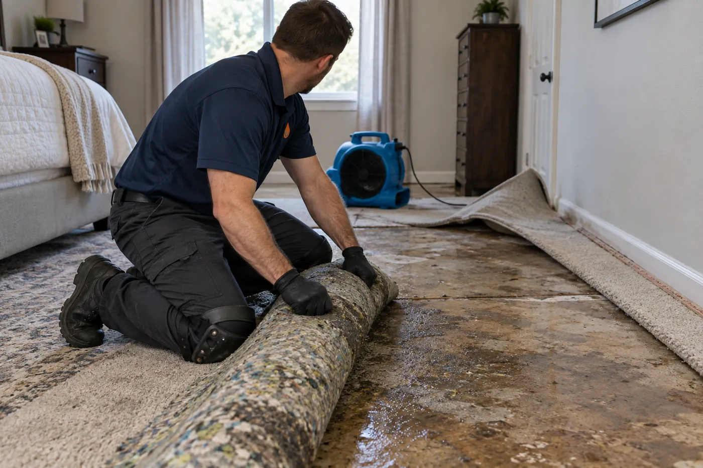 Technician rolling up a soaked carpet pad in a bedroom