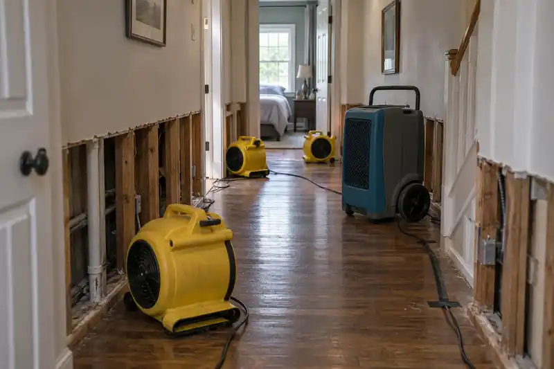 Yellow air movers and a tall LGR dehumidifier drying a hallway where the lower drywall has been cut away to expose the studs