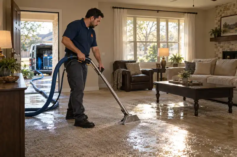 Technician extracting standing water from a soaked living room carpet in a DeSoto home