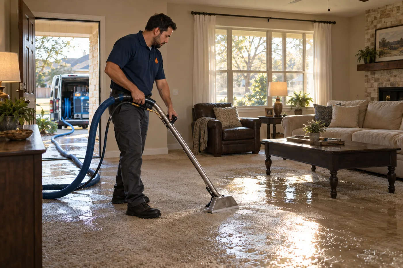 Technician using an extraction wand to pull standing water out of a soaked living room carpet