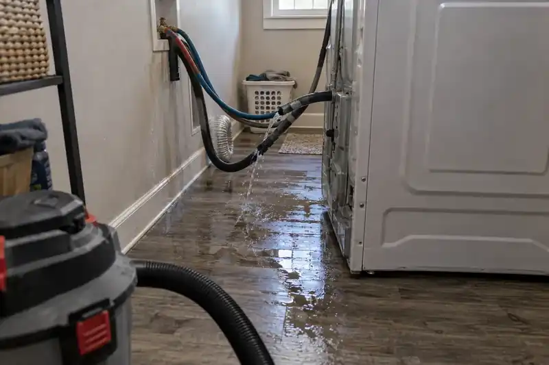 Water spraying from a failed washing machine hose onto the vinyl plank floor of a laundry room, with a wet vac in the foreground