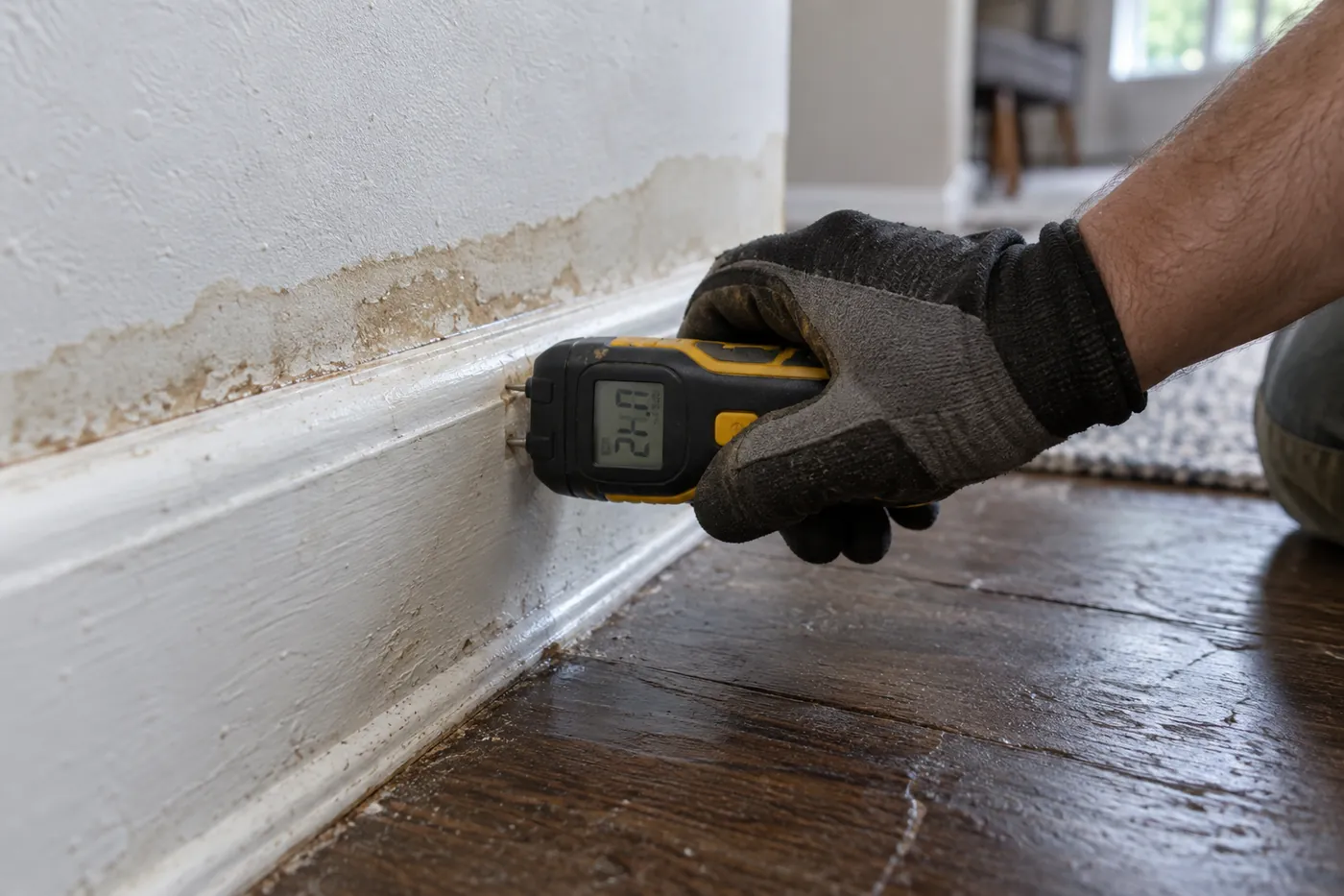 Gloved hand pressing a pin moisture meter into a wet baseboard with a visible water line on the wall
