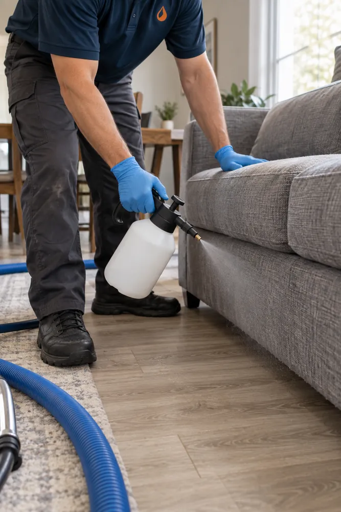 Technician misting antimicrobial treatment after water extraction