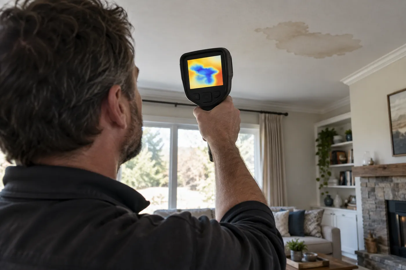 Technician holding a thermal camera up to a stained living room ceiling, with the wet area showing as a cool blue patch on the screen